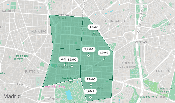 Mapa de Madrid centro con zonas seleccionadas