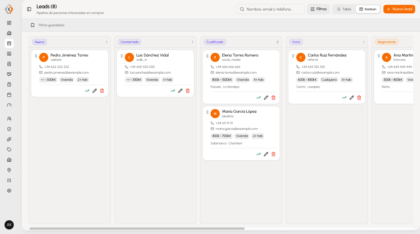 Pipeline de leads kanban en Kairo CRM