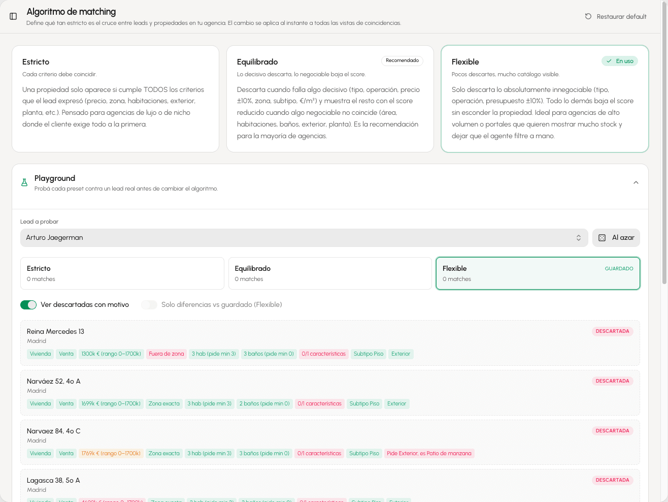Playground de matching con 3 presets comparados en Kairo CRM