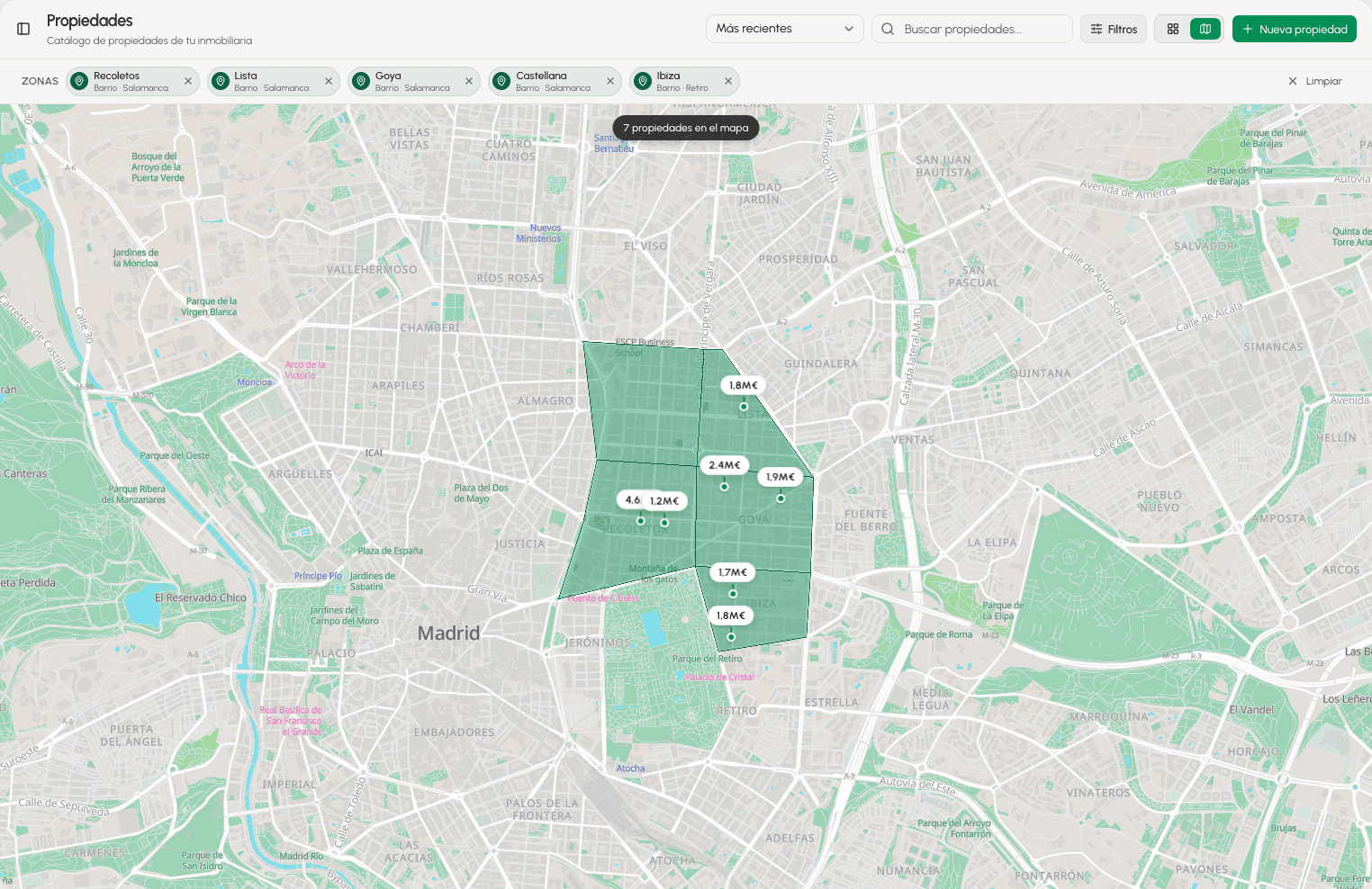 Mapa con zonas y propiedades geolocalizadas en Kairo CRM